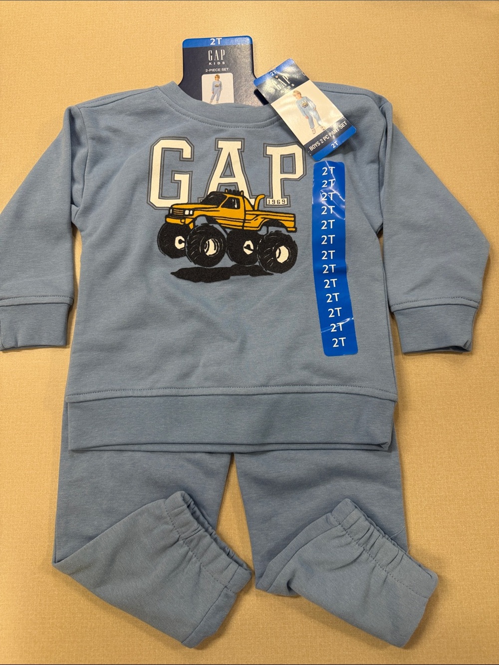 NWT GAP Light Blue Sweatshirt and Pants with Yellow Monster Truck Size 2T